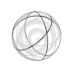A digital illustration of a sphere created by intersecting black lines on a white