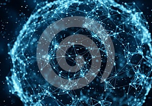 A digital illustration of a spherical network composed of interconnected nodes and lines. The