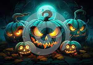 digital illustration spooky halloween pumpkin twisted forest under a full moon.eerie mood