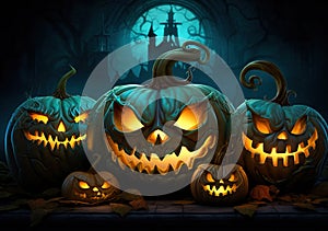 digital illustration spooky halloween pumpkin twisted forest under a full moon.eerie mood