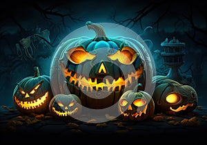 digital illustration spooky halloween pumpkin twisted forest under a full moon.eerie mood
