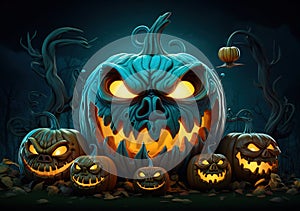 digital illustration spooky halloween pumpkin twisted forest under a full moon.eerie mood