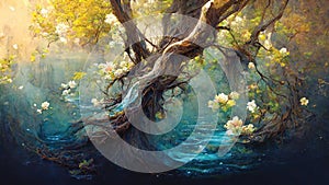 Digital illustration of spring bloossom tree, fantasy painting, digital art, artificial intelligence artwork