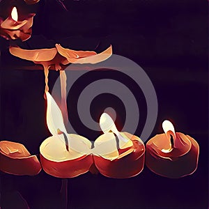 Digital illustration of three candles on dark background. Home altar or church. Wax melting under fire
