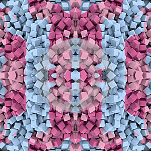 Digital illustration of a three-dimensional symmetrical abstract pattern composed of many small cubes. 3d rendering
