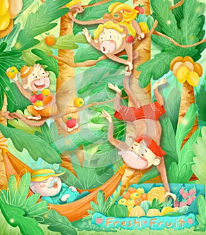 Digital illustration `Three monkeys in the jungle`