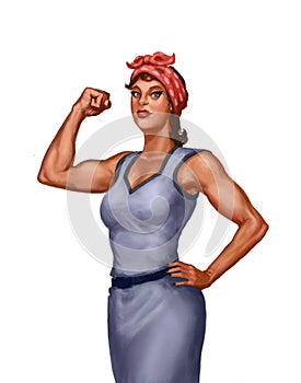 Digital illustration of tough girl flexing with a bandana on her head and a blue dress