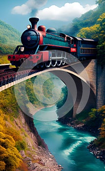 Digital illustration of train crossing a bridge