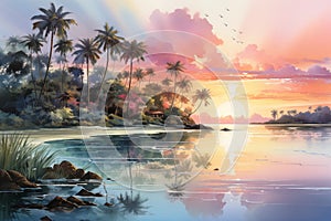 Digital illustration of a tranquil tropical sunset with vibrant skies and reflective water