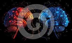 Digital illustration of two human brains in contrasting red and blue hues with network connections, representing the concept