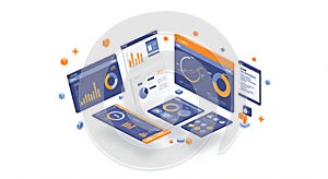 Digital illustration of various data visualization interfaces floating in space. Includes