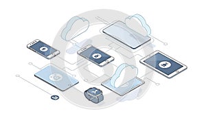 A digital illustration of various devices connected to the cloud for data synchronization