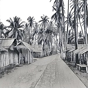 Digital illustration - The village in jungle. Traditional Filipino village pencil sketch