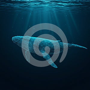 A digital illustration of a whale created using a wireframe design. The whale is