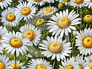 Digital illustration of white daisies over green