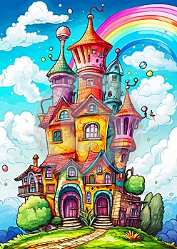 A digital illustration of a wizard\'s tower with sharp turrets an photo