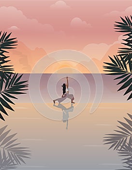 Digital illustration of a yogi girl doing yoga and meditation at sunset or sunrise