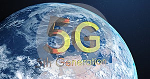 Digital image of 5g text over spinning globe on blue background