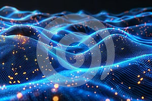 Digital image of abstract digital background with blue mesh waves and dots, ai technology concept