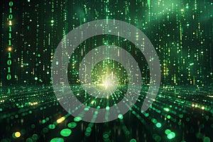 Digital image of  background of glowing green binary code and digital illustrations representing the matrix from the film, su