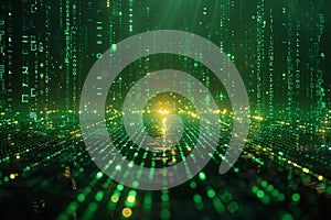 Digital image of  background of glowing green binary code and digital illustrations representing the matrix from the film, su