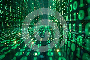 Digital image of  background of green binary code numbers, symbolizing the digital world and data technology. the binary code
