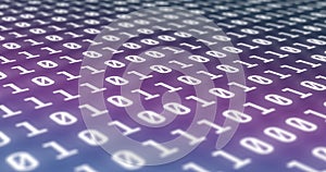 Digital image of binary coding data processing against purple and blue gradient background