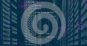 Digital image of binary coding data processing over computer servers against blue background