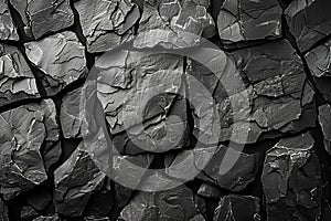 Digital image of black background, rough texture of a black stone wall surface, dark grunge backdrop for design or wallpaper.