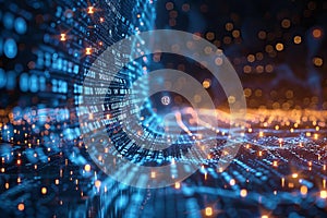 Digital image of blue background with binary code and digital network connections, data technology concept