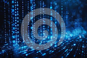 Digital image of blue binary code falling down on a dark background, data flowing