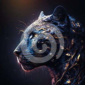 Digital image of blue jaguar with glowing eyes. Generative AI