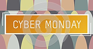Digital image of cyber monday text over orange banner against abstract colorful shapes