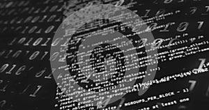 Digital image of data processing over binary coding data processing on black background