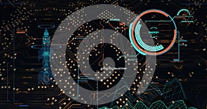 Digital image of data processing over microprocessor connections on black background