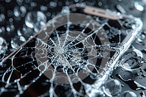 Digital image of the delicate spider web pattern on the screen of the mobile phone is broken, with a black background. it is