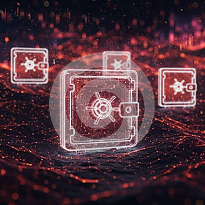 AI Generated Image of Glowing Digital Vaults on Network Background photo