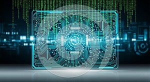 Dark background includes blurred technological elements and cityscape