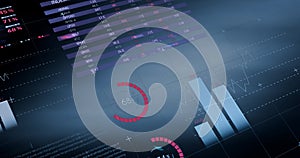 Digital image of financial and statistical data processing against blue background