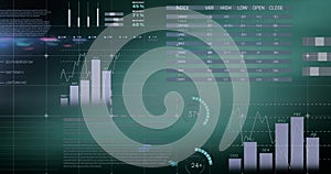 Digital image of financial and statistical data processing against green background