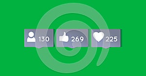 Digital image of follow, like and heart icons and increasing numbers inside grey chat boxes on a gre