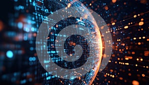Digital Image Of Globe With Binary Coding And Data Processing On Dark Background