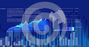 Digital image of graphs and statistical data processing against blue background