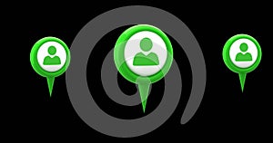 Digital image of green map pins with profile icon in the middle hovering against the black screen 4k