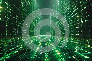 Digital image of digital matrix background with green binary code and light rays, creating an abstract digital space for text
