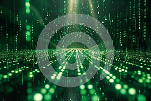 Digital image of digital matrix background with green binary code and light rays, creating an abstract digital space for text
