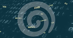 Digital image of multiple changing numbers against binary coding data processing on blue backgro