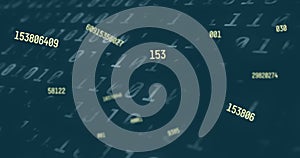 Digital image of multiple changing numbers against binary coding data processing on blue backgro