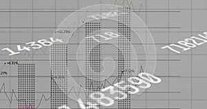 Digital image of multiple changing numbers floating against financial data processing on grey ba