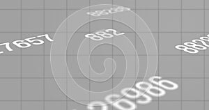 Digital image of multiple changing numbers floating against financial data processing on grey ba
